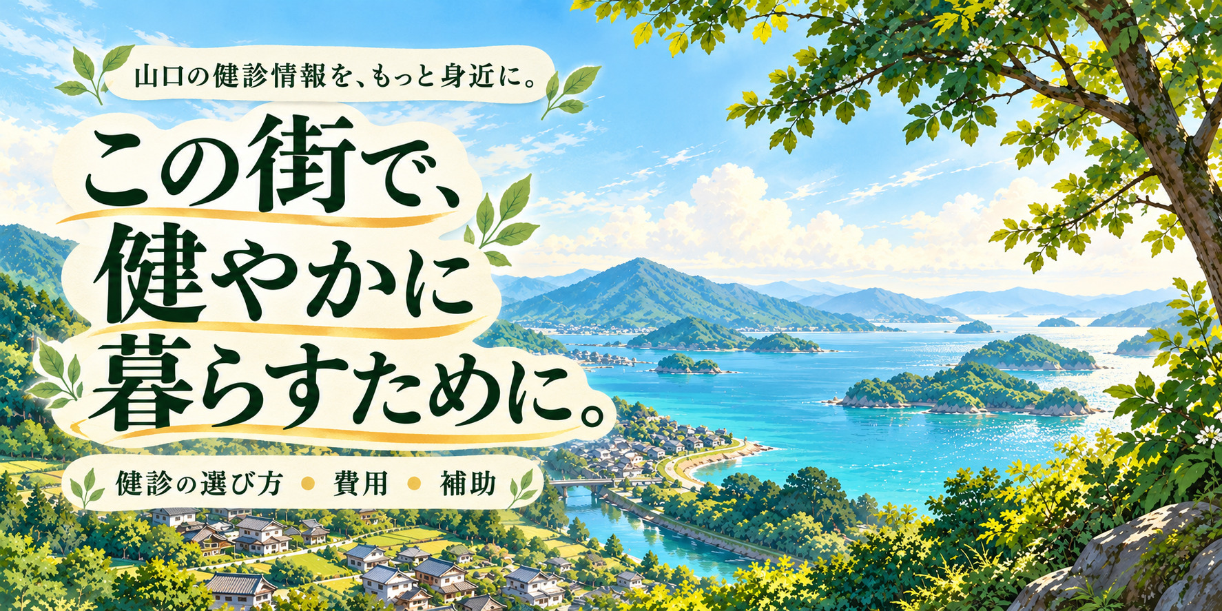 山口の健診情報を、もっと身近に。この街で、健やかに暮らすために。健診の選び方・費用・補助。山口の暮らしをイメージした風景イラスト。