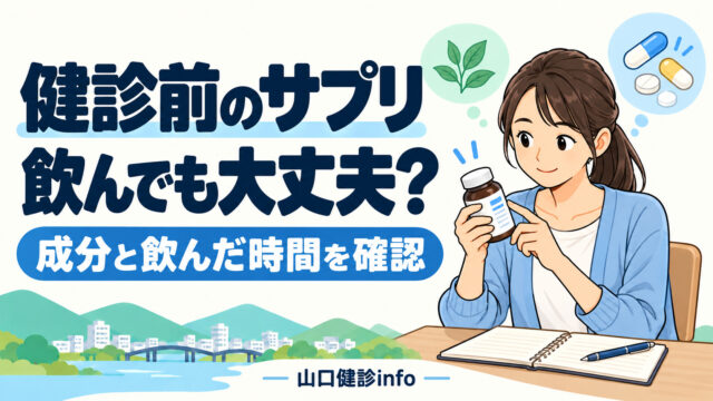 サプリのラベルを確認する女性。健診前のサプリ、飲んでも大丈夫？